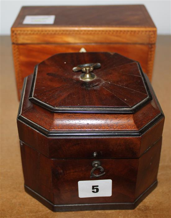 Dutch mahogany tea caddy and a chevron bordered mahogany tea caddy